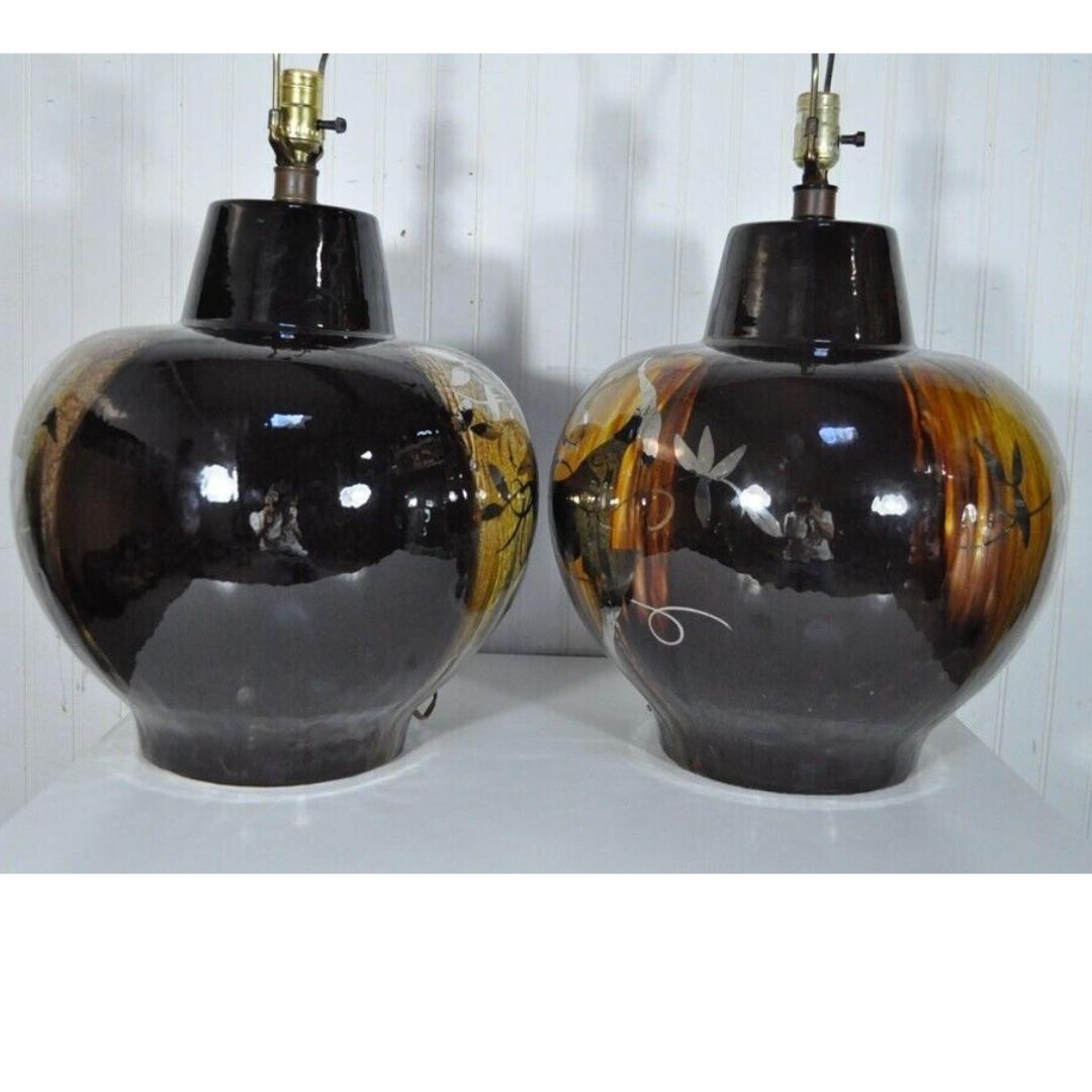 Pair Vintage Mid Century Modern Gazelle Ram Drip Glaze Pottery Table Lamps For Sale 4
