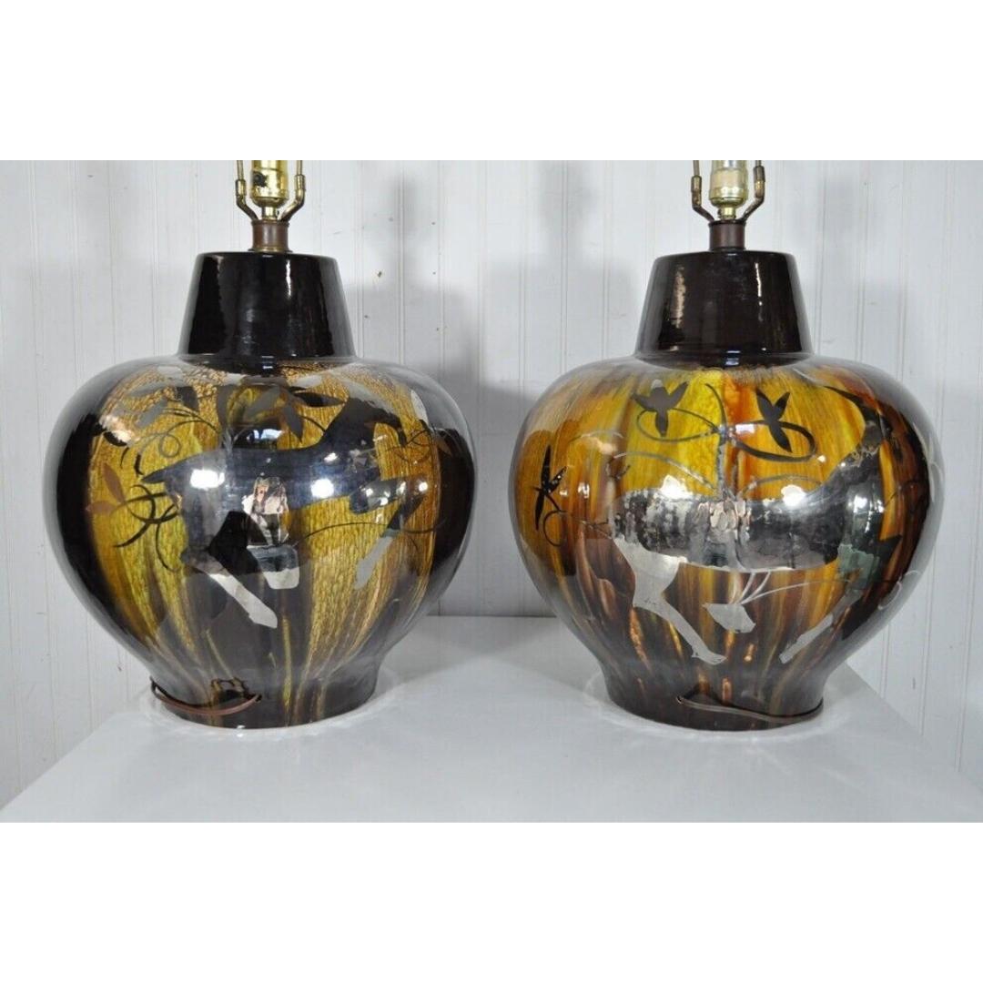 Mid-Century Modern Pair Vintage Mid Century Modern Gazelle Ram Drip Glaze Pottery Table Lamps For Sale