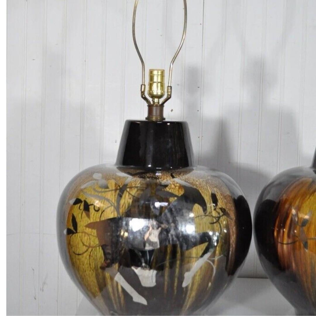 Pair Vintage Mid Century Modern Gazelle Ram Drip Glaze Pottery Table Lamps In Good Condition For Sale In Philadelphia, PA
