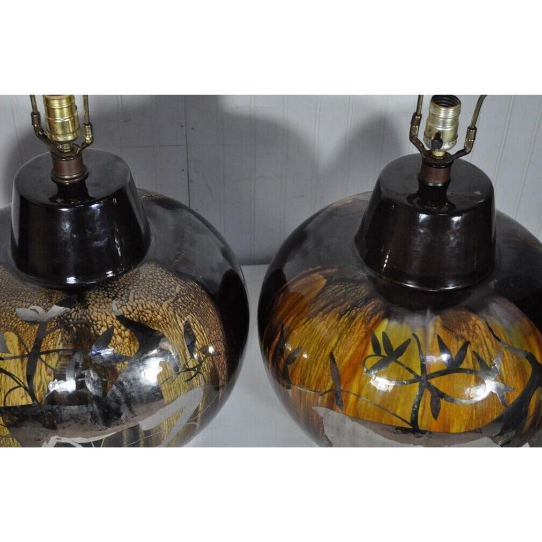 Pair Vintage Mid Century Modern Gazelle Ram Drip Glaze Pottery Table Lamps For Sale 1