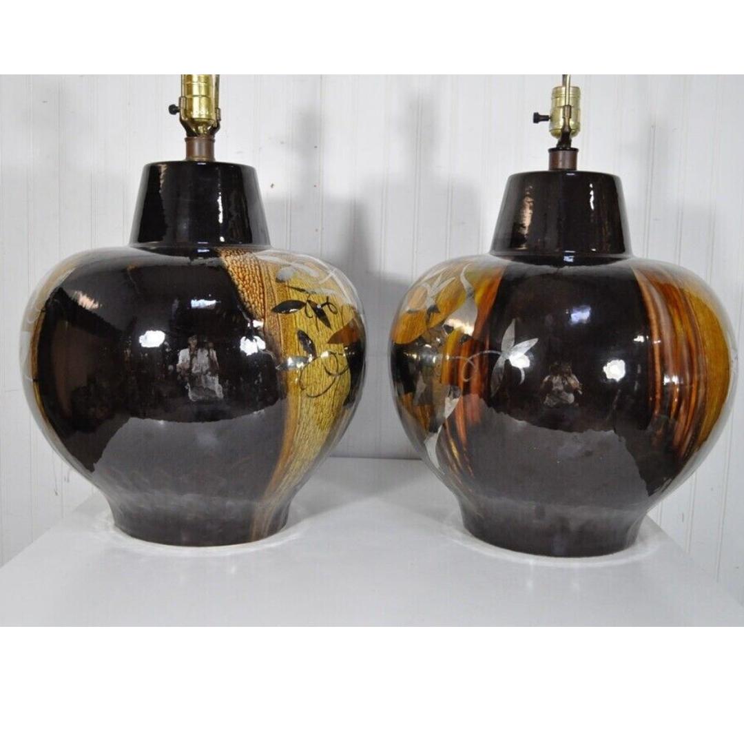 Pair Vintage Mid Century Modern Gazelle Ram Drip Glaze Pottery Table Lamps For Sale 3