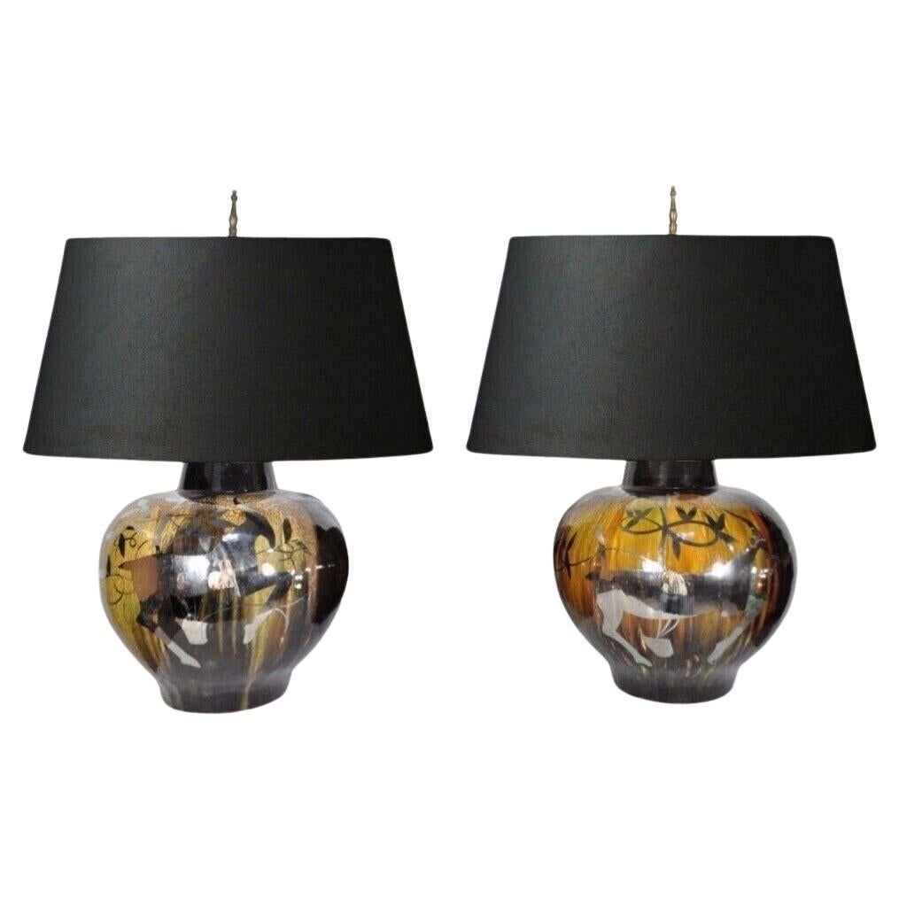 Pair Vintage Mid Century Modern Gazelle Ram Drip Glaze Pottery Table Lamps