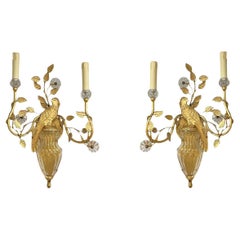 Pair Vintage Mid-Century Modern Italian Gilt Metal Parrot Form Sconces
