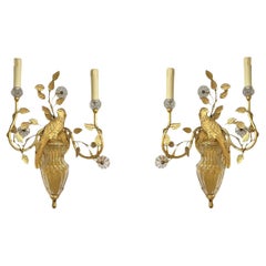 Pair Vintage Mid-Century Modern Italian Gilt Metal Parrot Form Sconces