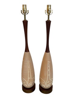 Pair Vintage Mid-Century Raymor Ceramic Giraffe Motif Table Lamps