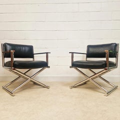 PAIR Vintage Mid Century Soft Leather & Polished Chrome Accent Directors Chairs