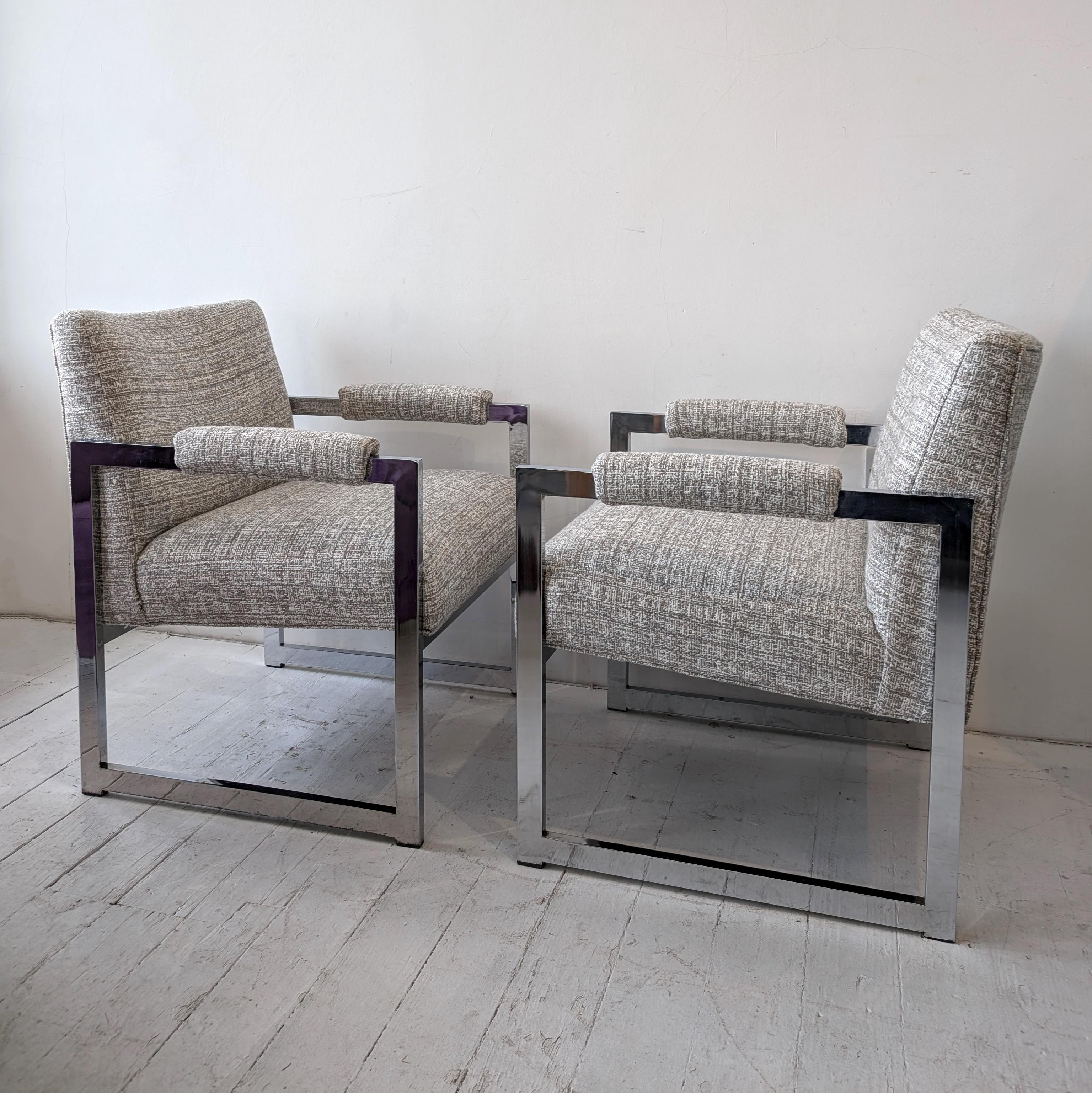 Sleek pair of flat bar chromed steel armchairs by Adrian Pearsall for Comfort Designs, USA 1970s. Newly upholstered in Zimmer & Rohde 'Pilgrim' fabric. 

Labels are missing, but this same model can be found online with labels present.

Dimensions: