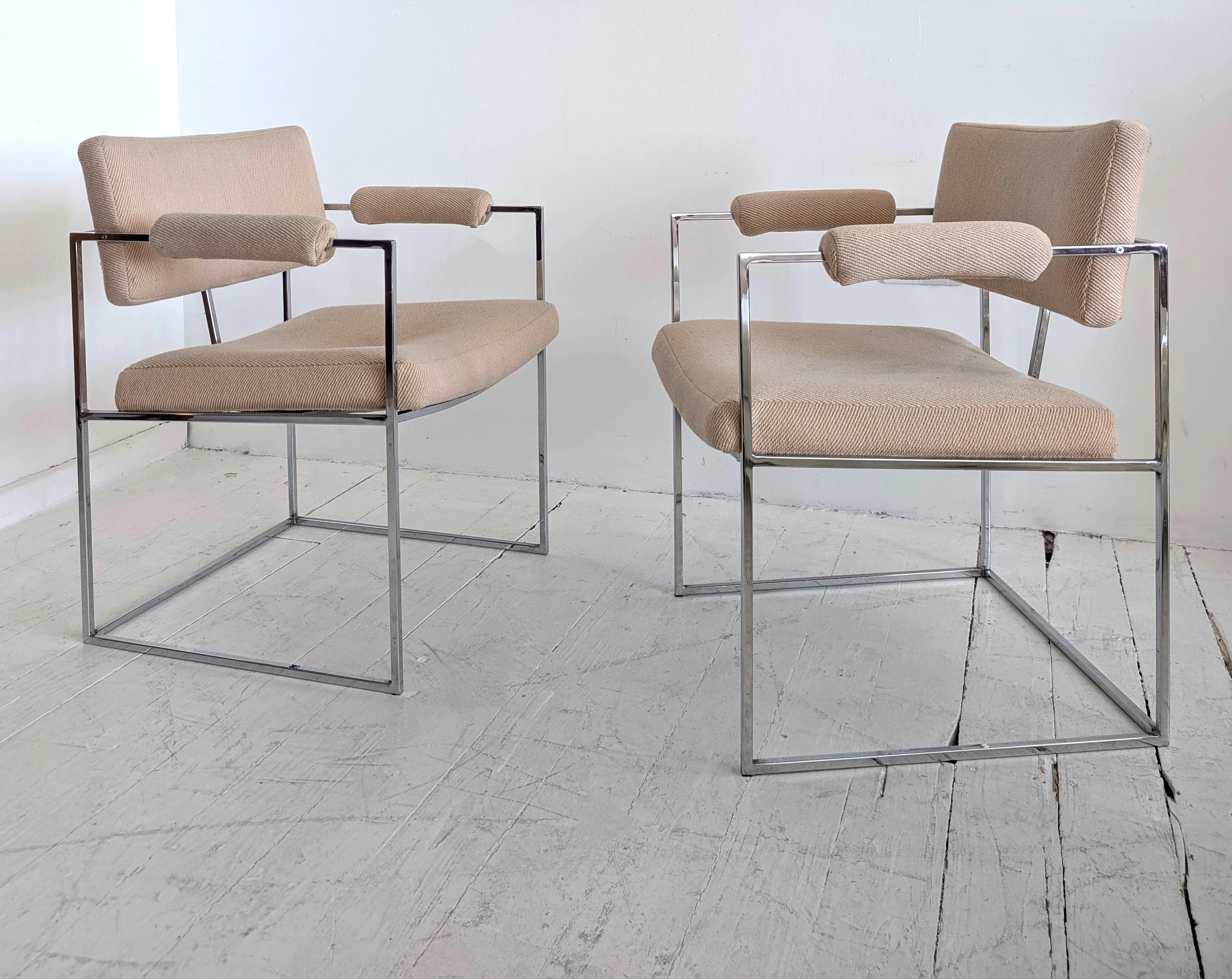 Pair of Milo Baughman model 1188 'Thin Line' small armchairs. Designed for Thayer Coggin in the 1970s, these minimalistic chairs have a slim squared-off chrome frame, with original taupe upholstery. 

A little bit of pitting to the chrome in places-
