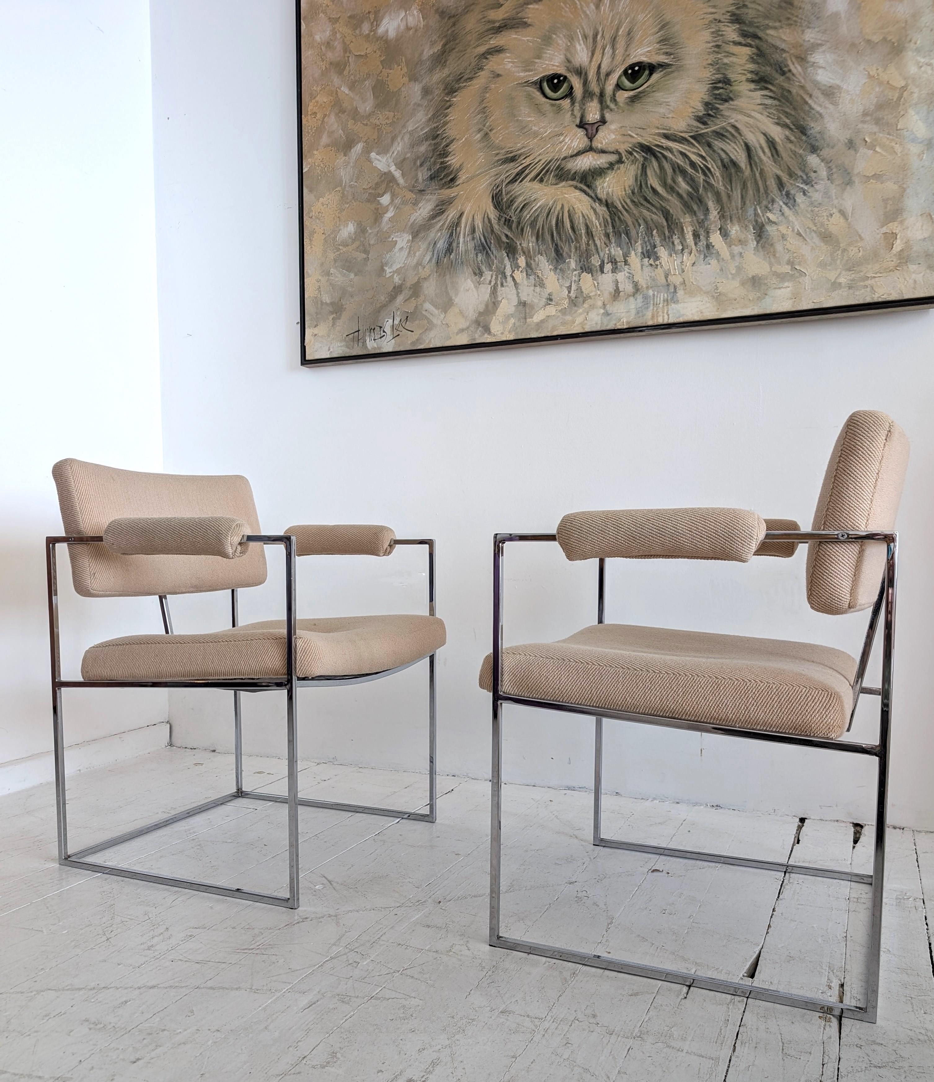 Pair vintage midcentury Milo Baughman model 1188 Thin Line small chrome chairs (Stoff) im Angebot