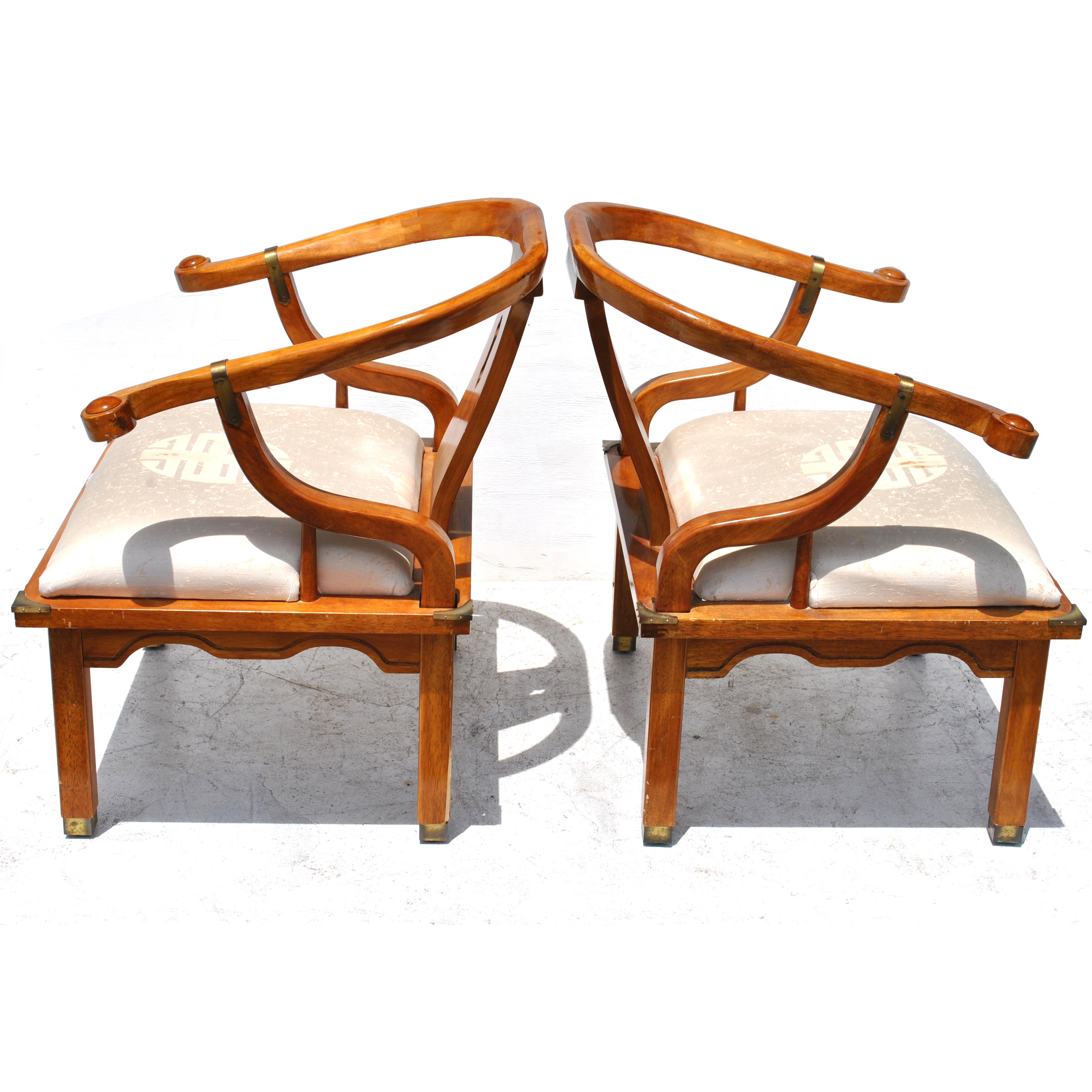 Brass Pair of Vintage Ming Style Century Chin Hua Horseshoe Lounge Chairs
