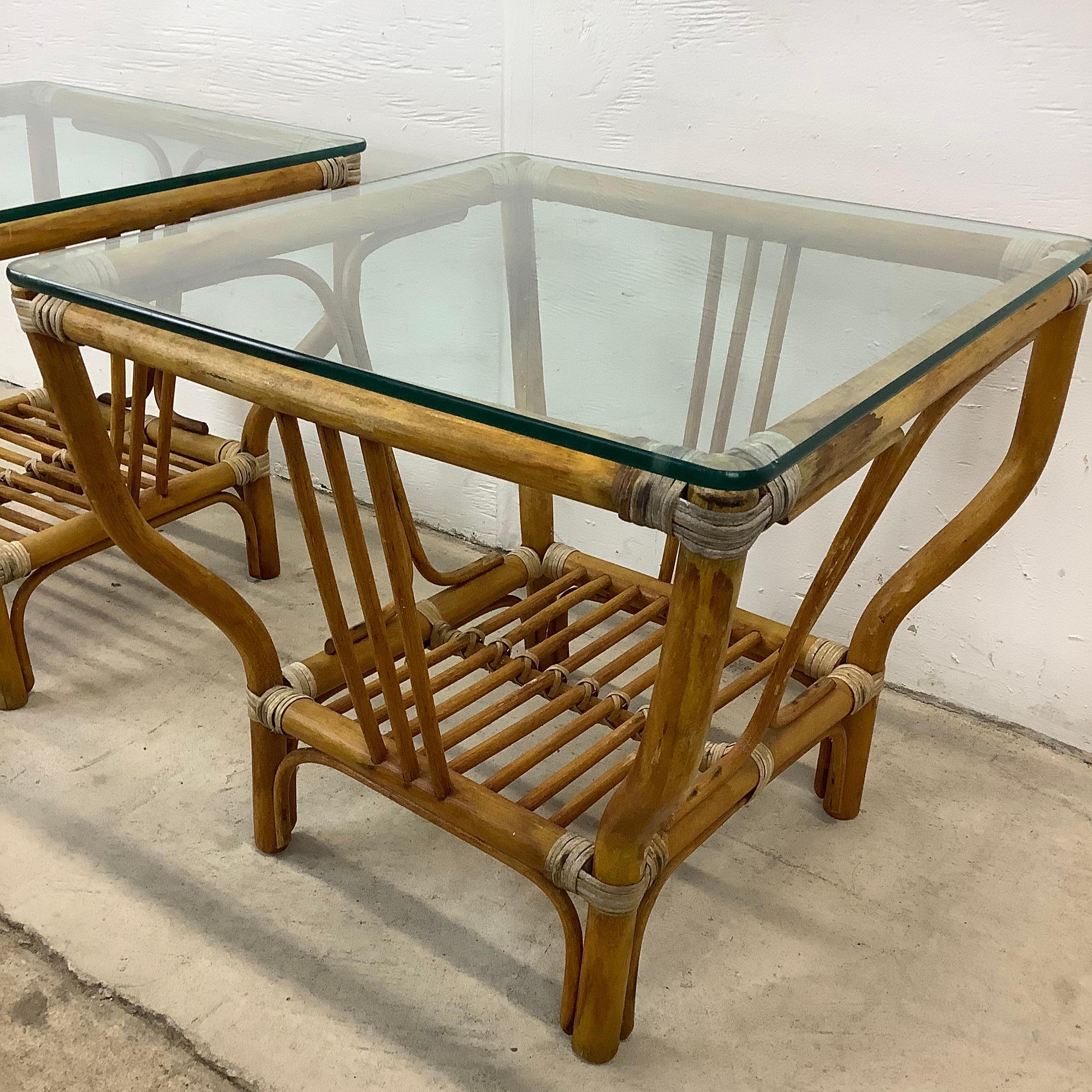 Pair Vintage Modern Boho Bamboo End Tables 12