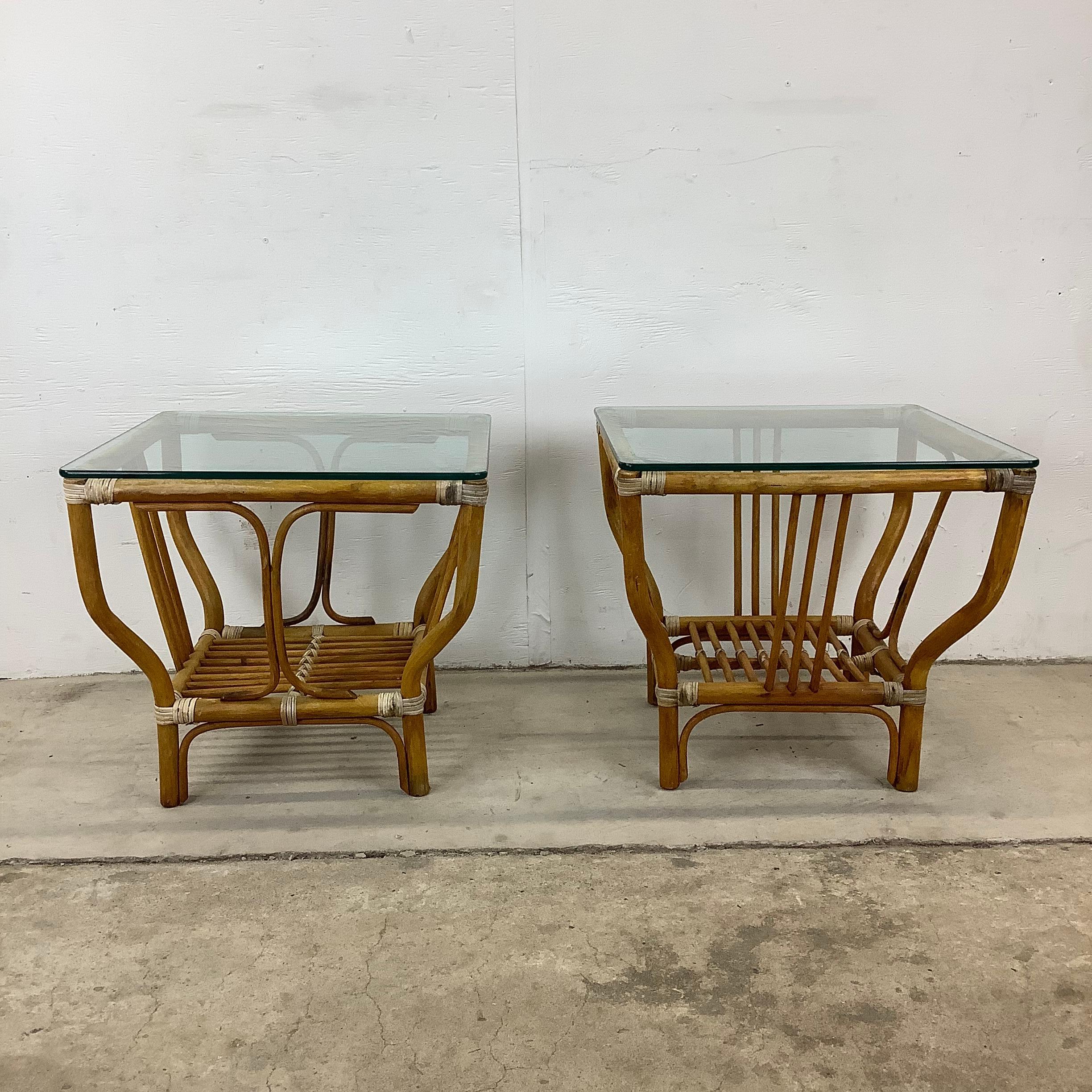 This stylish pair of end tables features boho modern sculptural bamboo design with thick glass tops. The vintage natural finish adds organic retro vibes to any interior, perfect pair of side tables for use as sofa lamp tables or any interior.