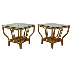 Pair Vintage Modern Boho Bamboo End Tables