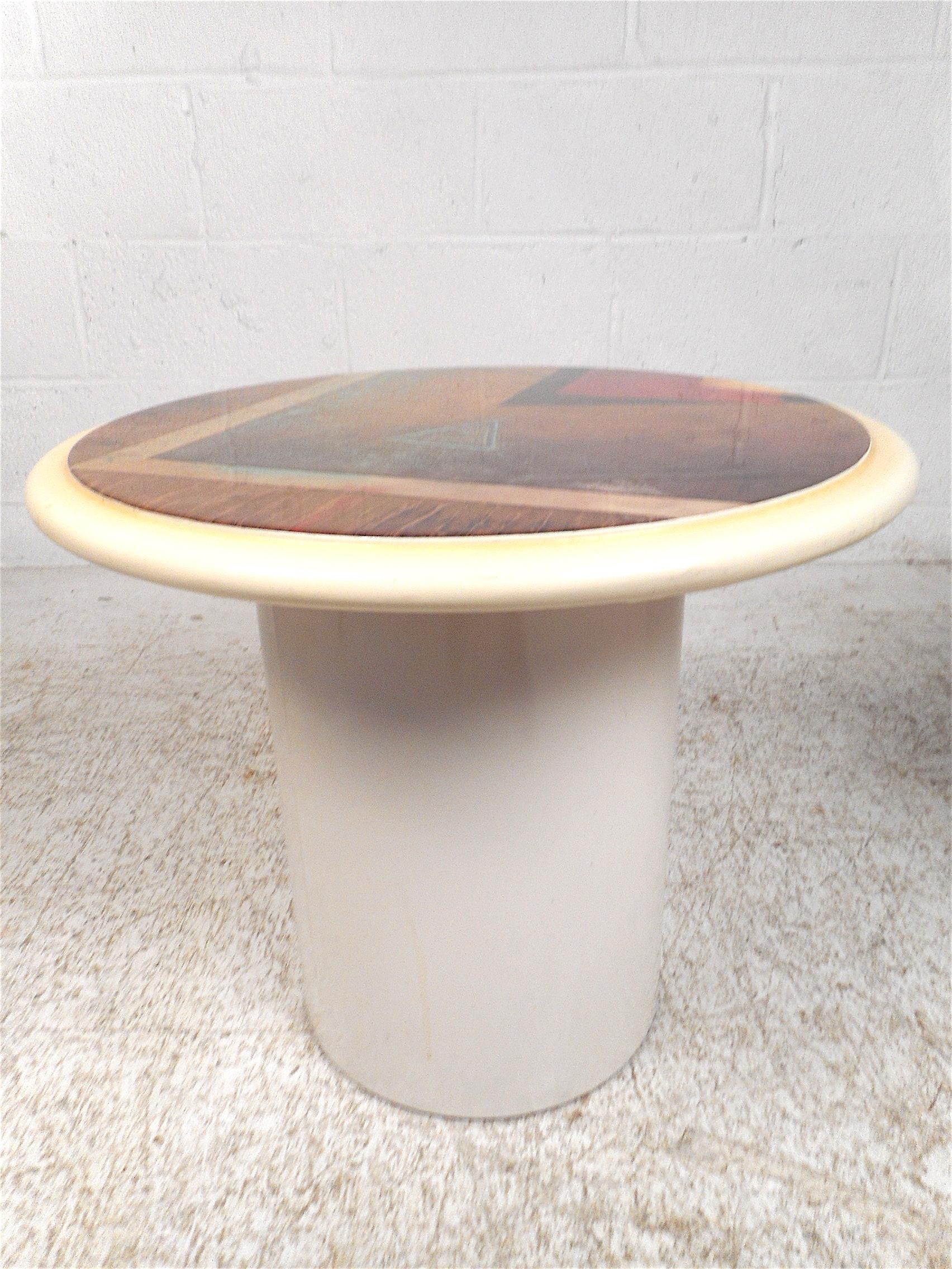 Mid-Century Modern Pair of Vintage Modern Circular End Tables with Illustrated Tops