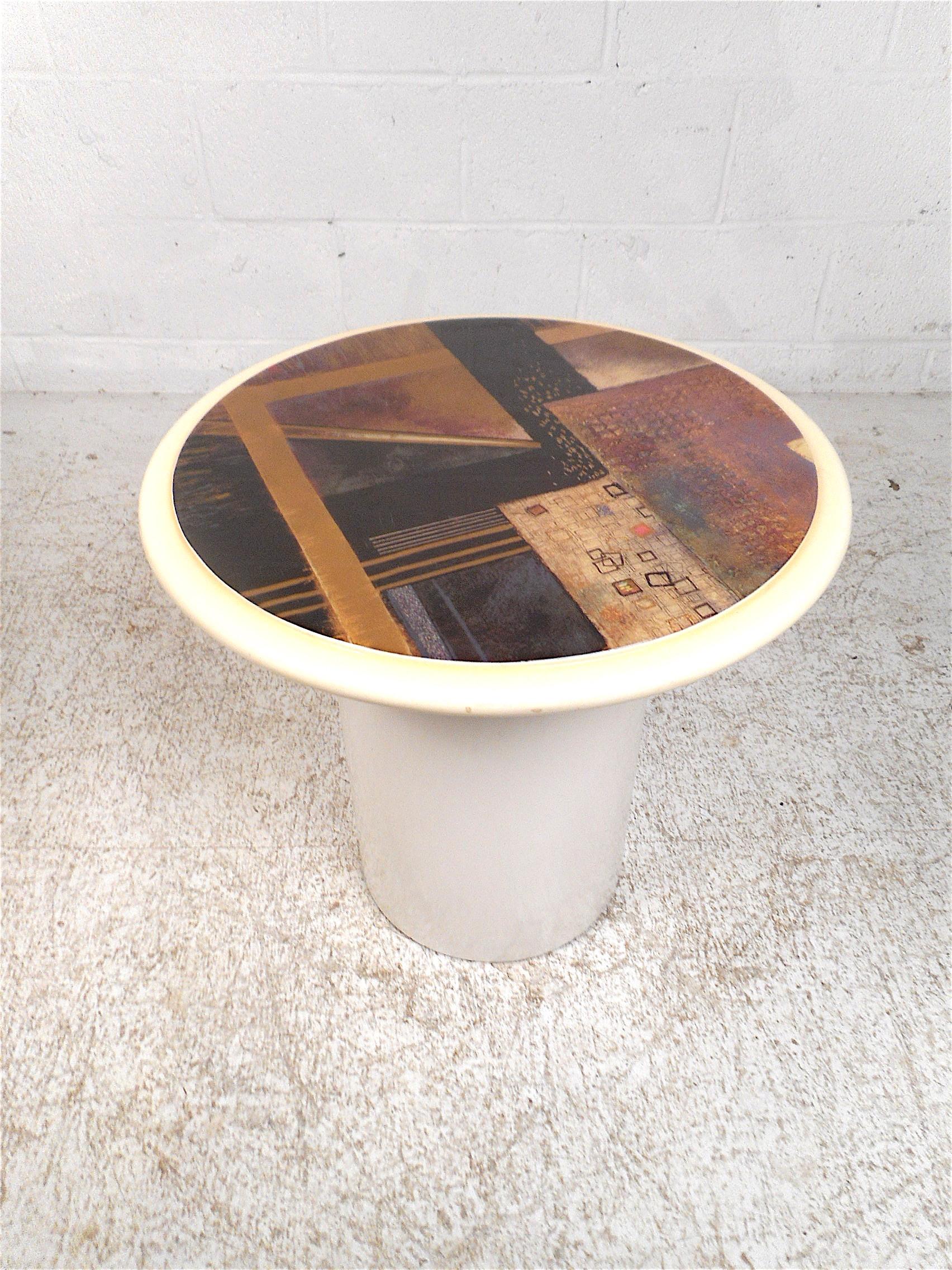 20th Century Pair of Vintage Modern Circular End Tables with Illustrated Tops