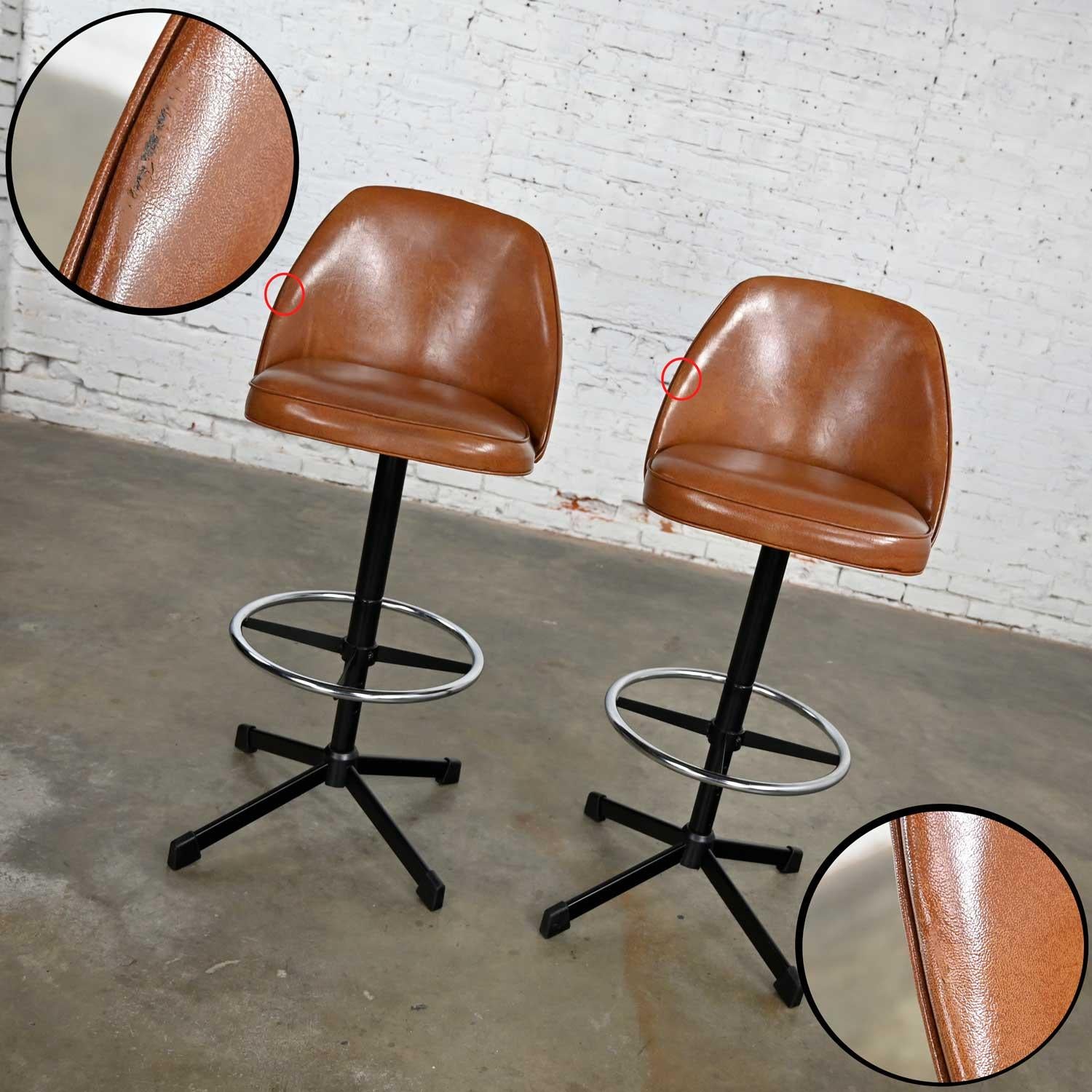 Pair Vintage Modern Cosco Counter or Bar Stools Cognac Vinyl & Chrome 4 Heights 1