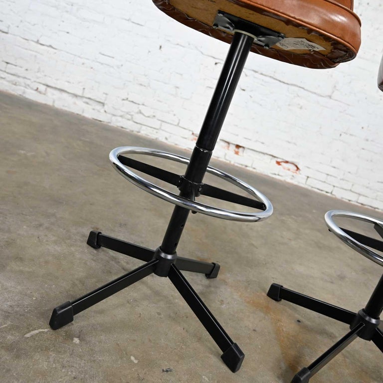 Pair Vintage Modern Cosco Counter or Bar Stools Cognac Vinyl and Chrome