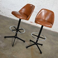 Pair Vintage Modern Cosco Counter or Bar Stools Cognac Vinyl & Chrome 4 Heights