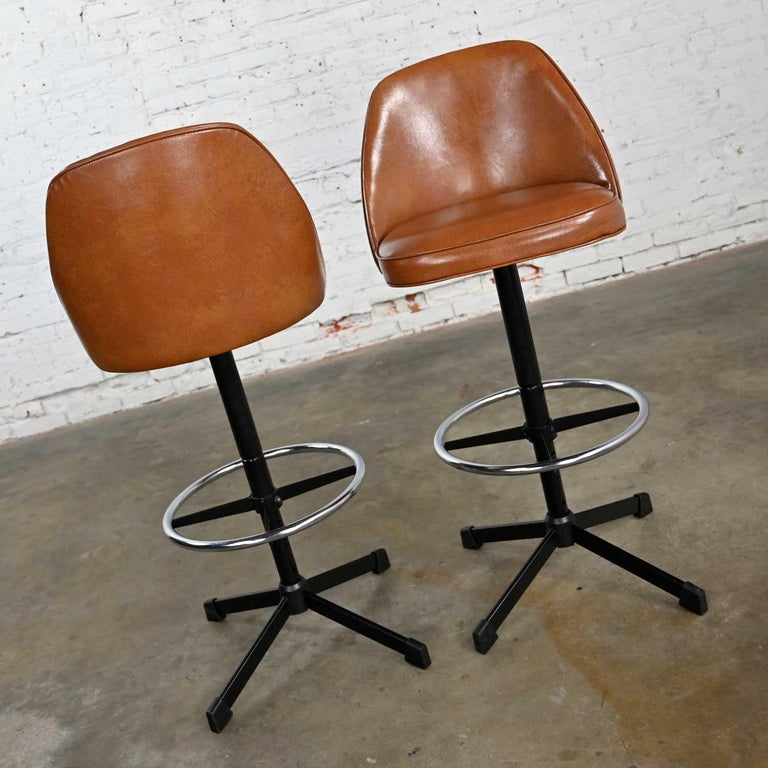 Pair Vintage Modern Cosco Counter or Bar Stools Cognac Vinyl and Chrome