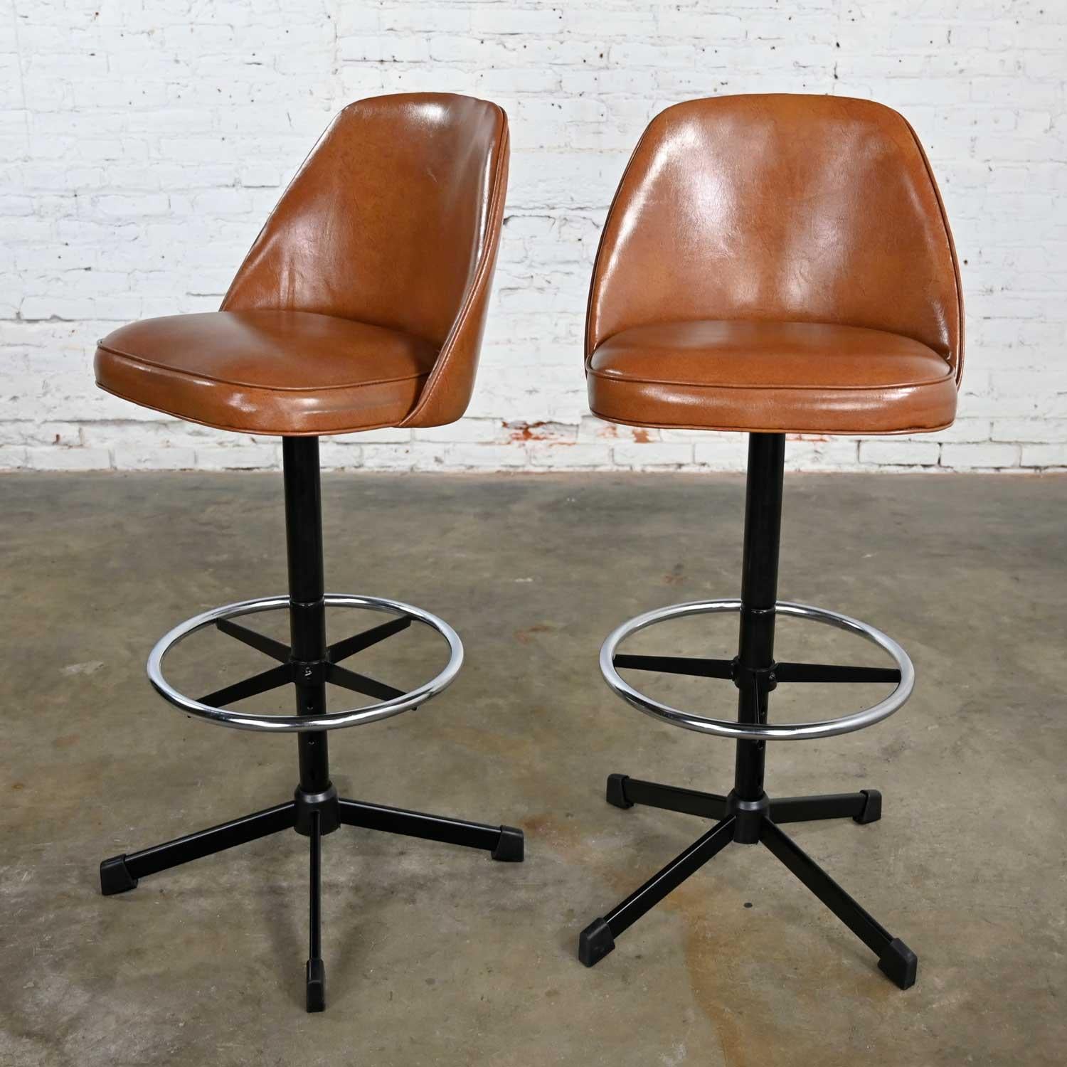 American Pair Vintage Modern Cosco Counter or Bar Stools Cognac Vinyl & Chrome 4 Heights