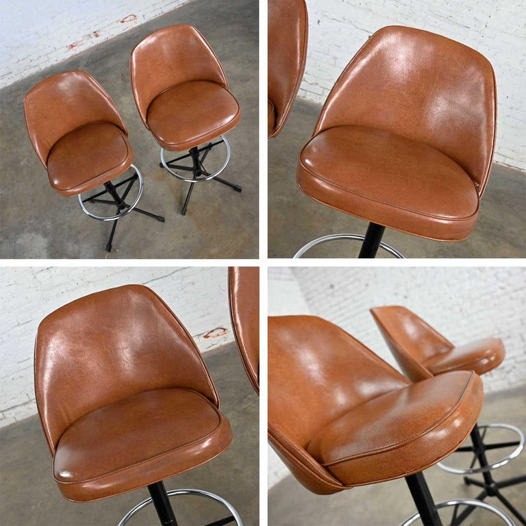 Pair Vintage Modern Cosco Counter or Bar Stools Cognac Vinyl and Chrome