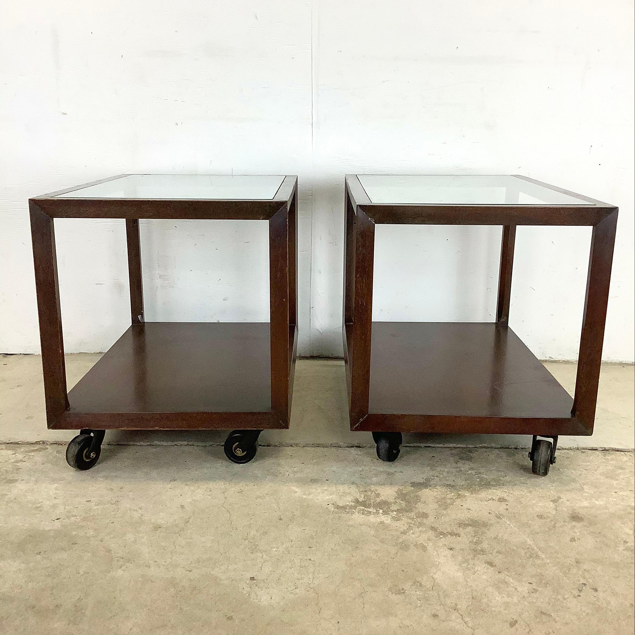 Pair Vintage Modern Glass Top Side Tables 3
