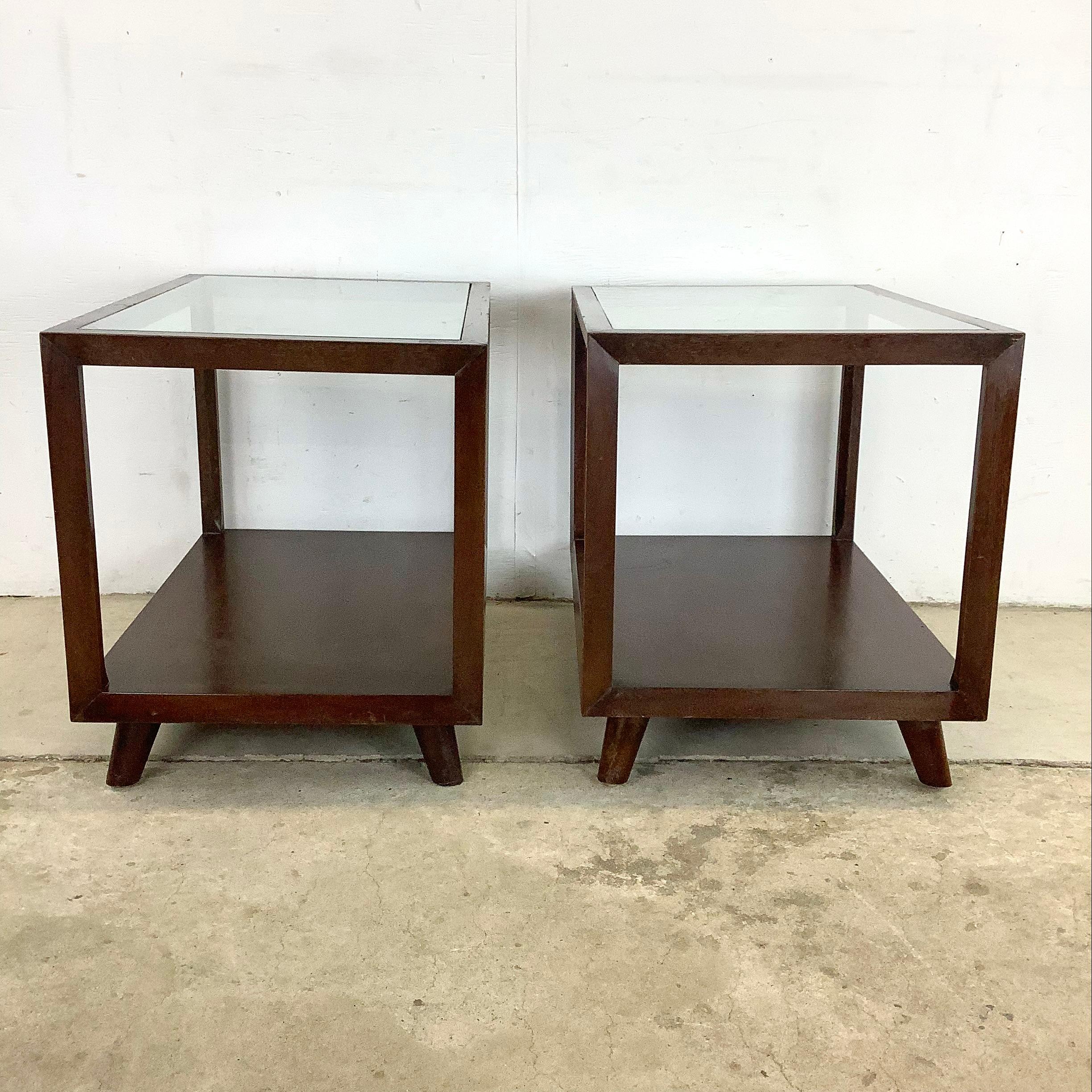 Unknown Pair Vintage Modern Glass Top Side Tables