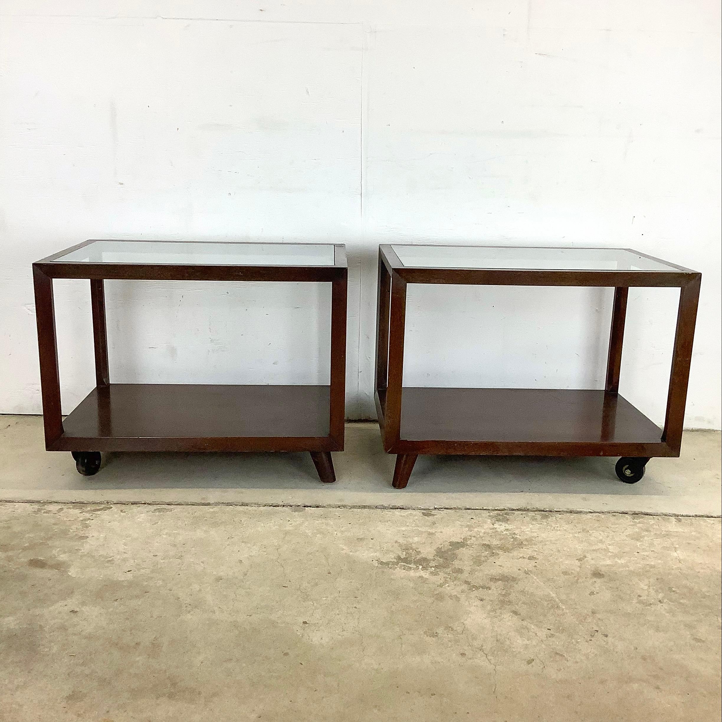 20th Century Pair Vintage Modern Glass Top Side Tables