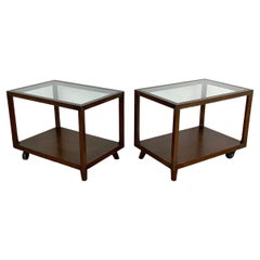 Pair Vintage Modern Glass Top Side Tables