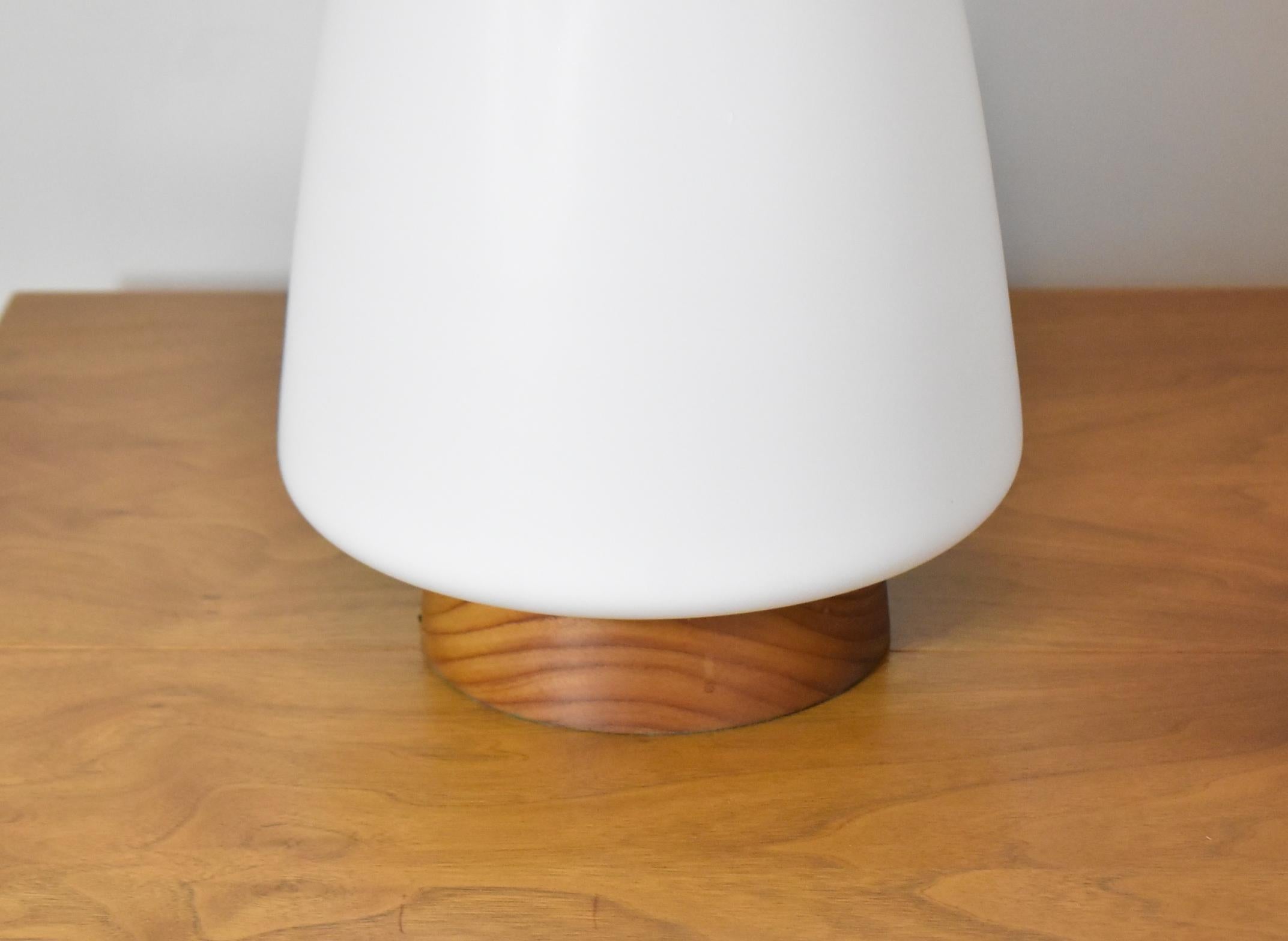 Pair Mid-Century Modern ceramic /white glass and teak table lamps. Made in Sweden. Dimensions: 40