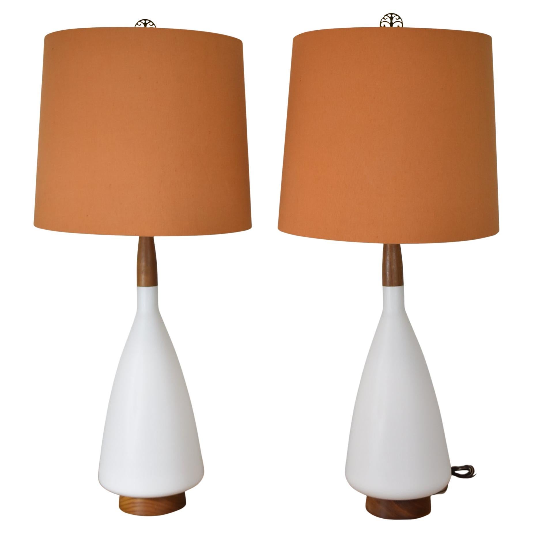 Pair Vintage Modern White Satin Glass / Ceramic & Teak Table Lamps Sweden For Sale