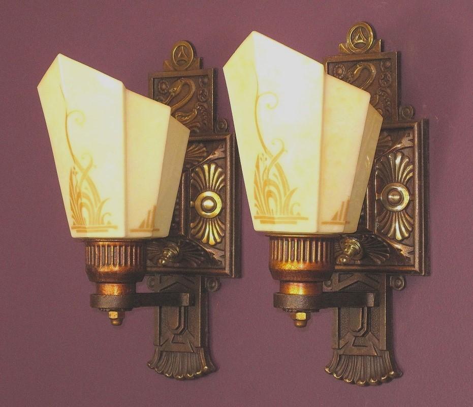 American Pair Vintage Moe Bridges Art Deco Sconces with Swan For Sale