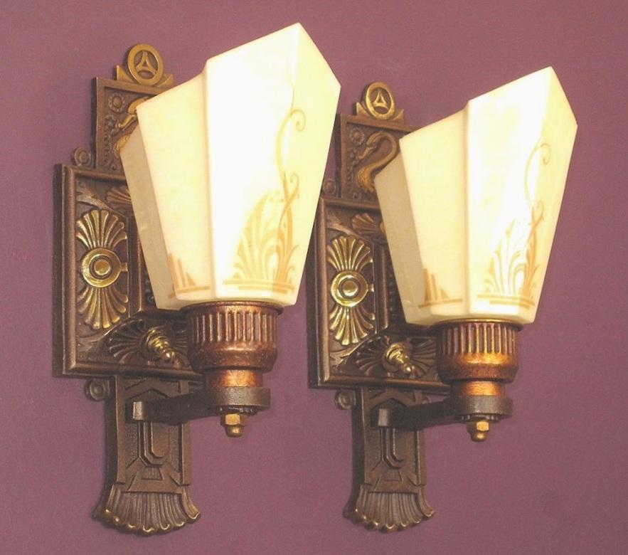 Cast Pair Vintage Moe Bridges Art Deco Sconces with Swan For Sale