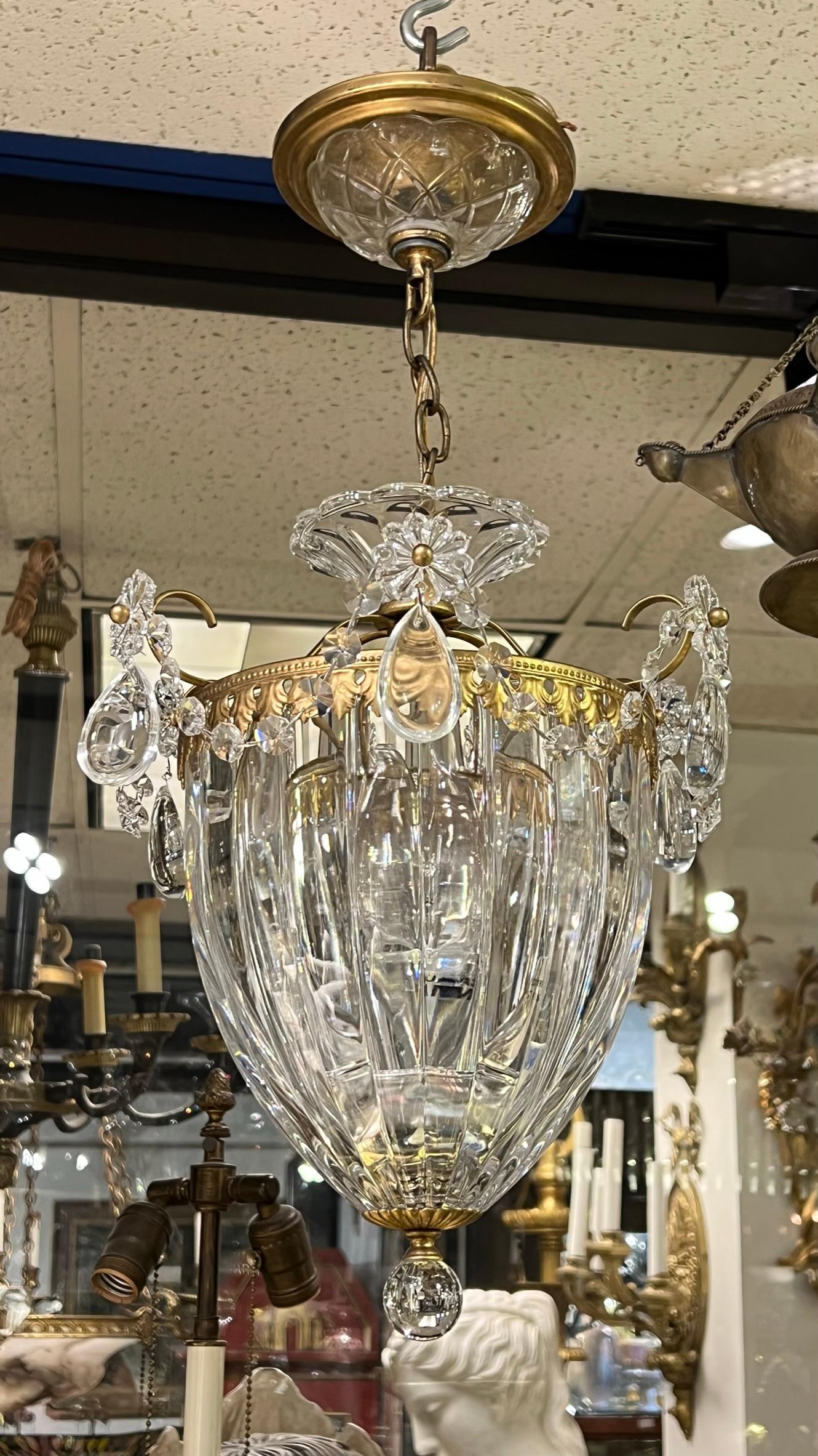 Pair Vintage Molded Crystal Glass and Brass Lanterns For Sale 9
