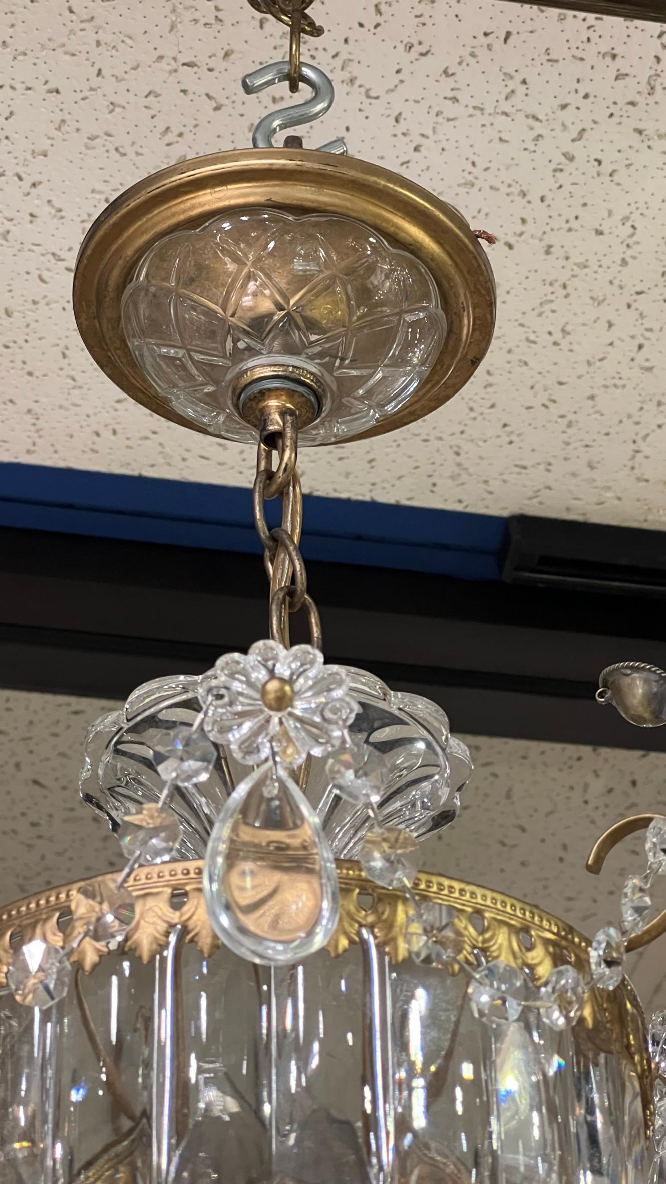 Pair Vintage Molded Crystal Glass and Brass Lanterns In Good Condition For Sale In New York, NY