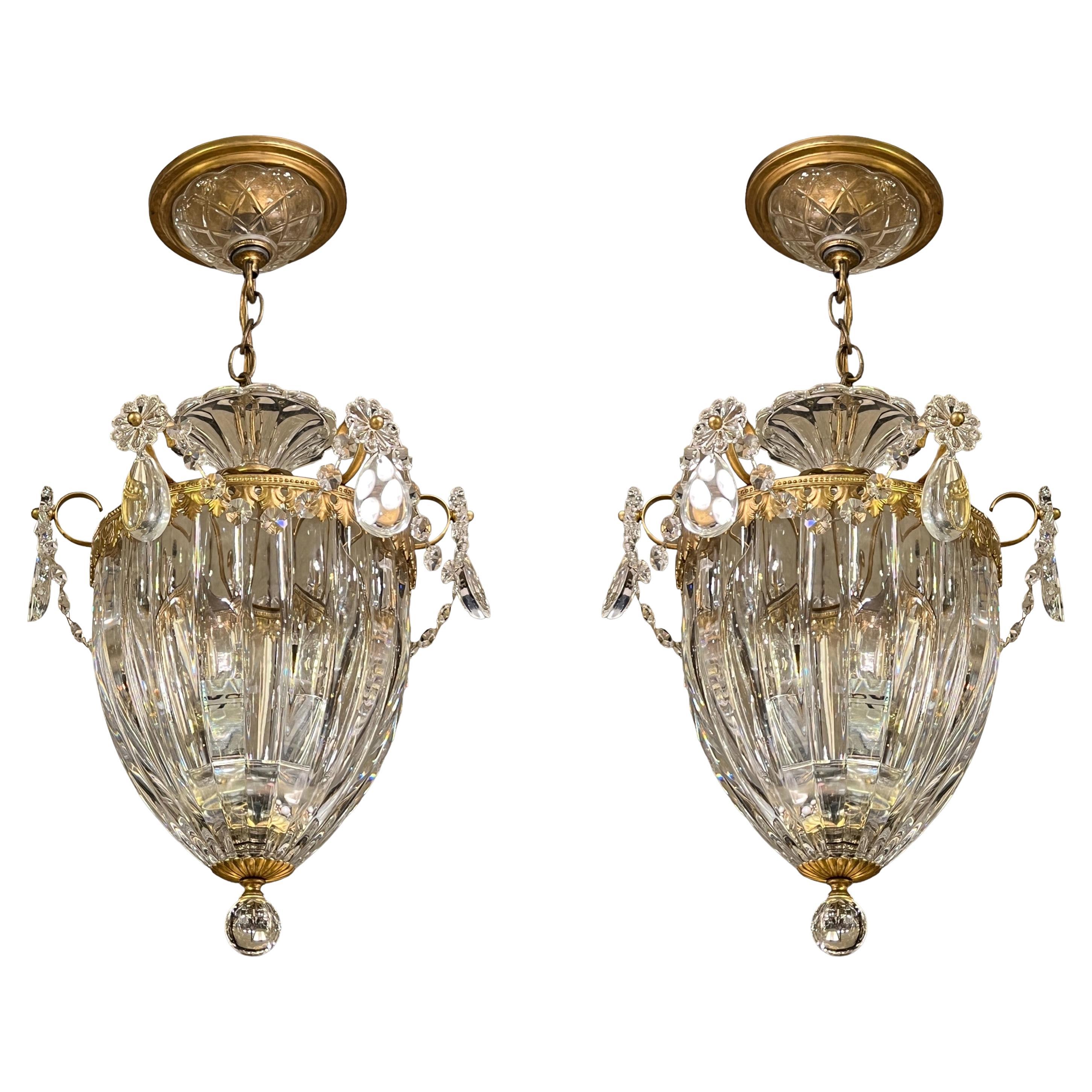 Pair Vintage Molded Crystal Glass and Brass Lanterns For Sale