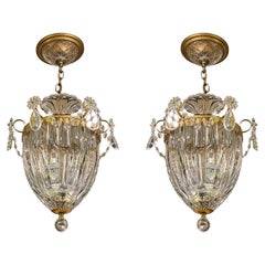 Pair Retro Molded Crystal Glass and Brass Lanterns