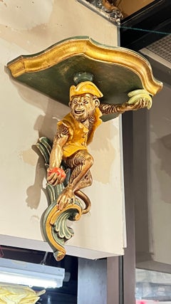 Pair Vintage Monkey Form Painted and Carved Wooden Brackets