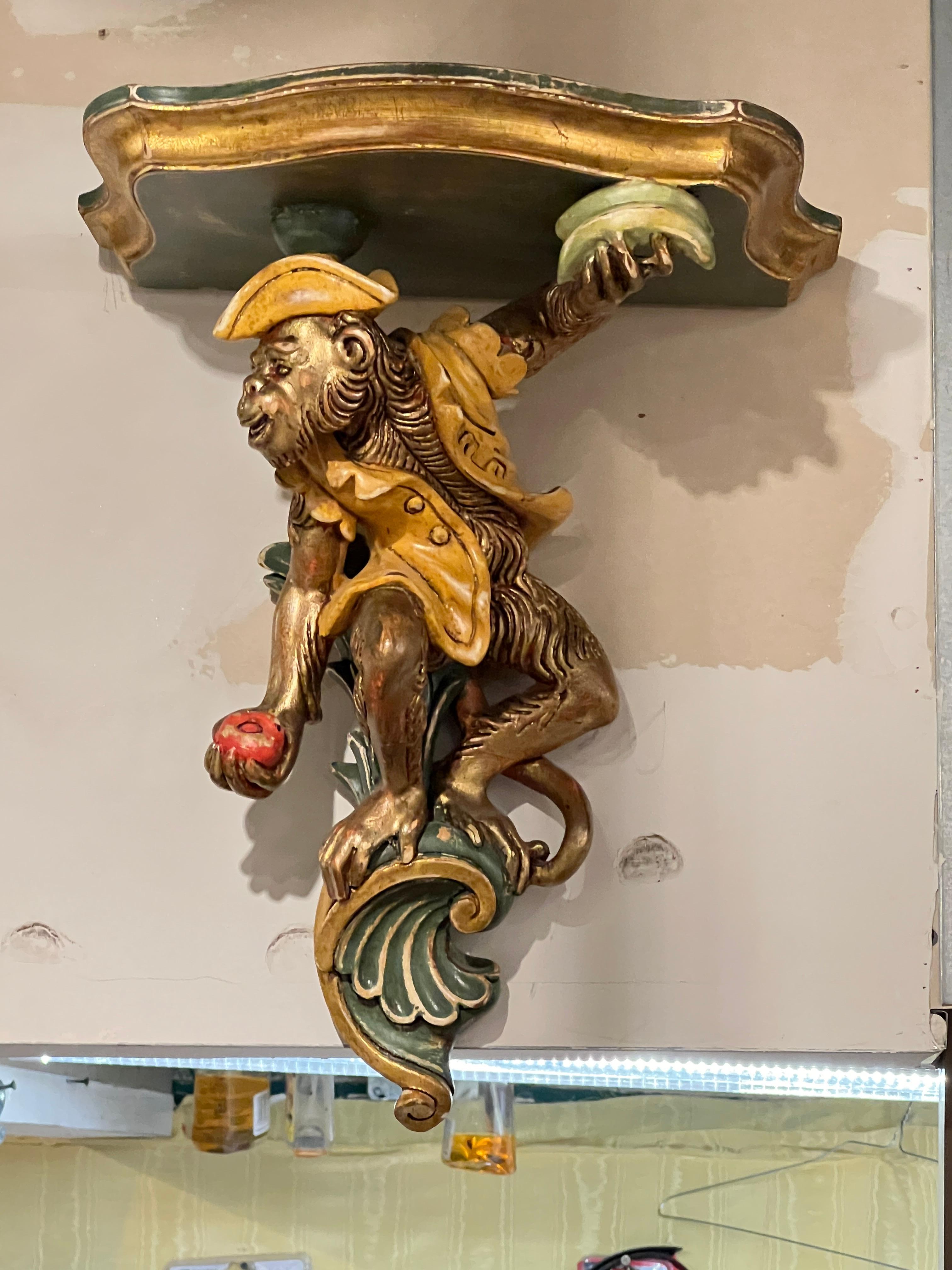 Pair Vintage Monkey Form Painted and Carved Wooden Brackets For Sale at ...