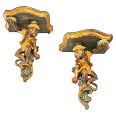 Pair Vintage Monkey Form Painted and Carved Wooden Brackets