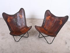 Pair Vintage Moroccan Butterfly Chairs Leather Campaign Seats