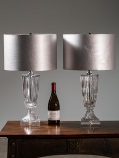 Pair of Vintage Neoclassical German Lead Crystal Lamps Lucite Base, circa 1975