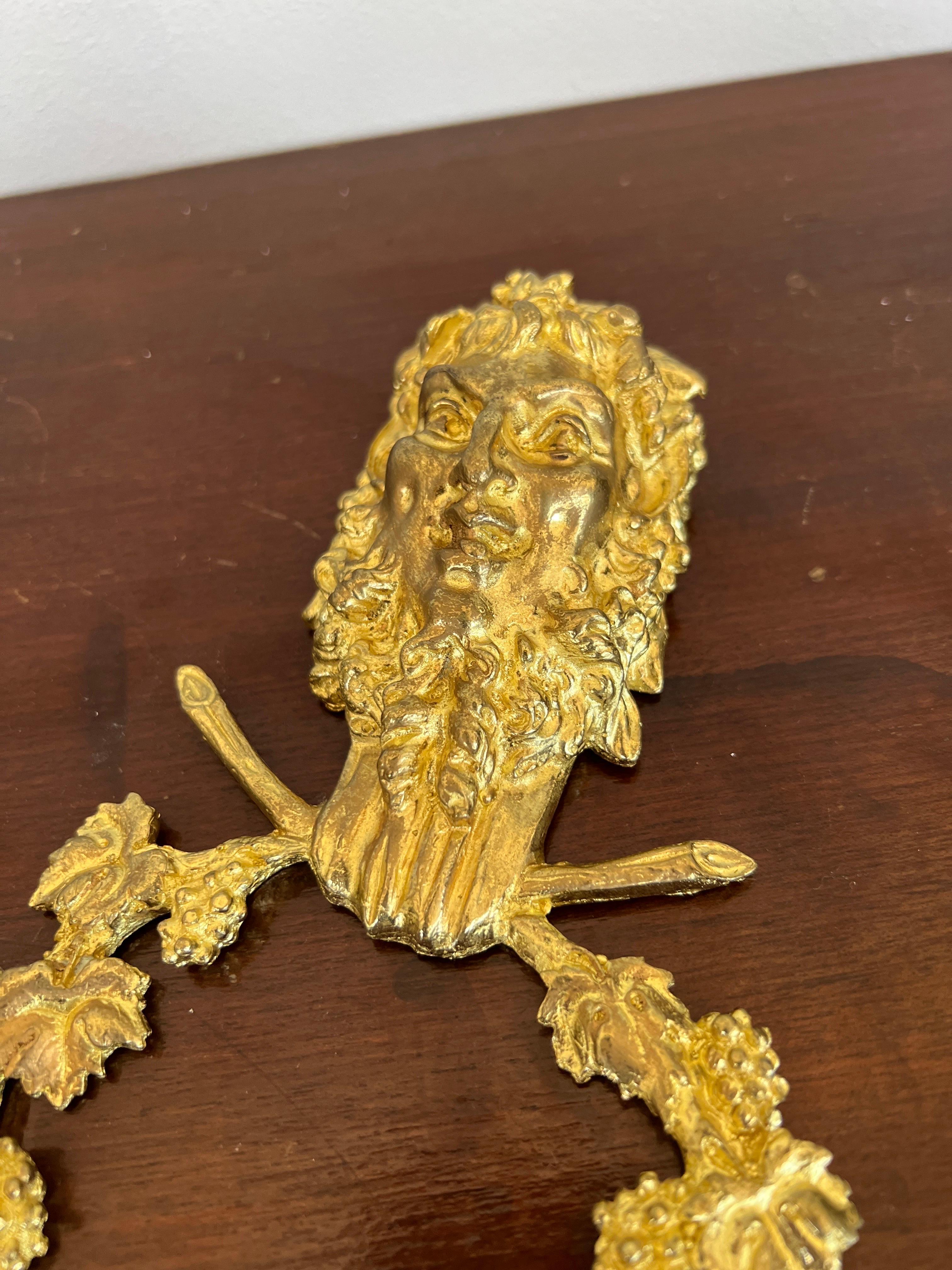French Pair, Vintage Neoclassical Style Gilt Bronze Satyr Form Wall Accents For Sale