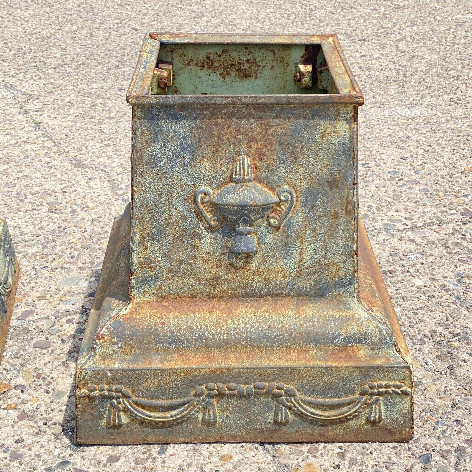 Pair Vintage Neoclassical Style Green Cast Iron Garden Planter Urn Pedestal Base In Good Condition For Sale In Philadelphia, PA