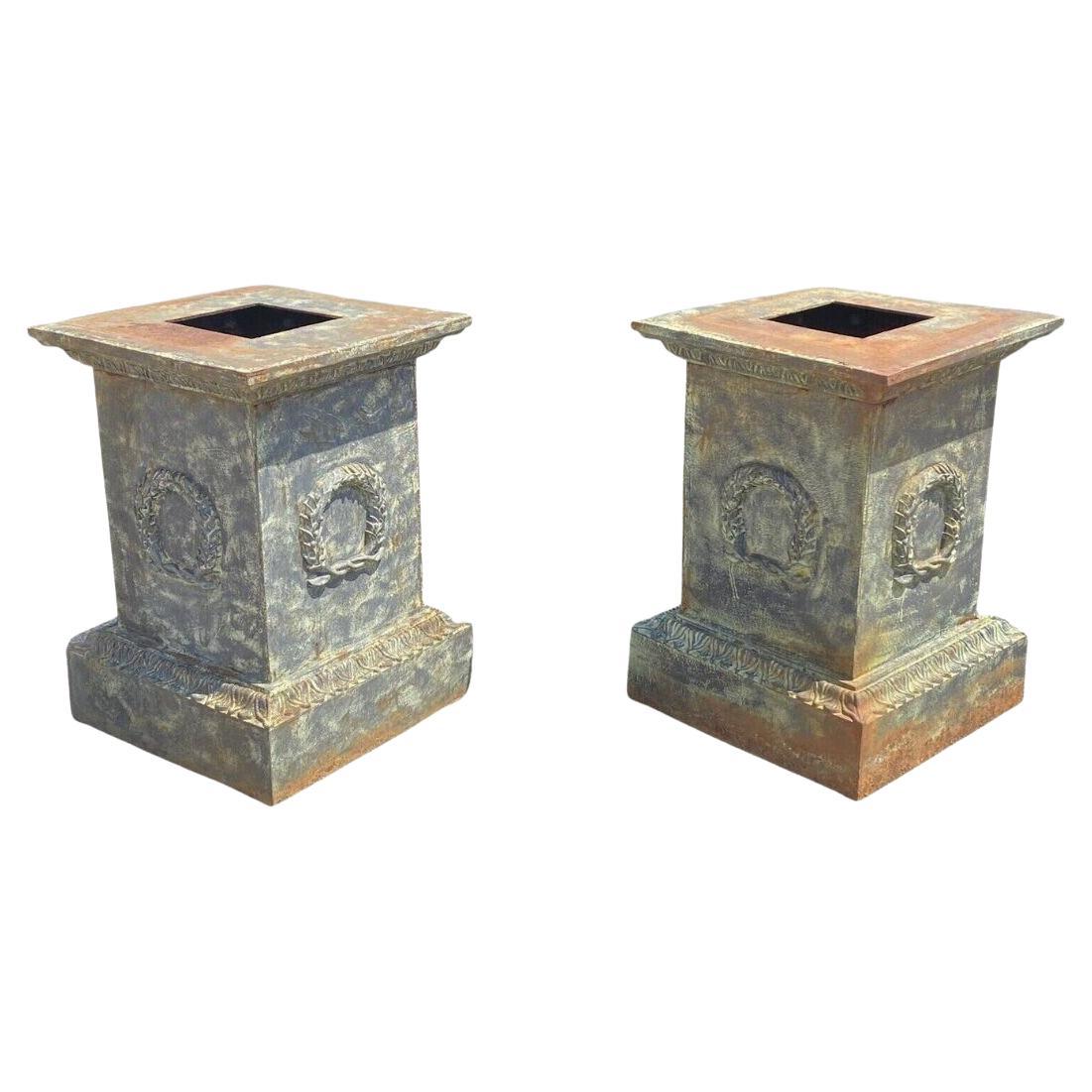 Pair Vintage Neoclassical Style Green Cast Iron Garden Planter Urn Pedestal Base For Sale