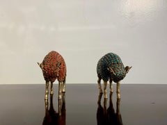 Pair Vintage Nepalese Brass and Glass Rams, 1970's, Nepal