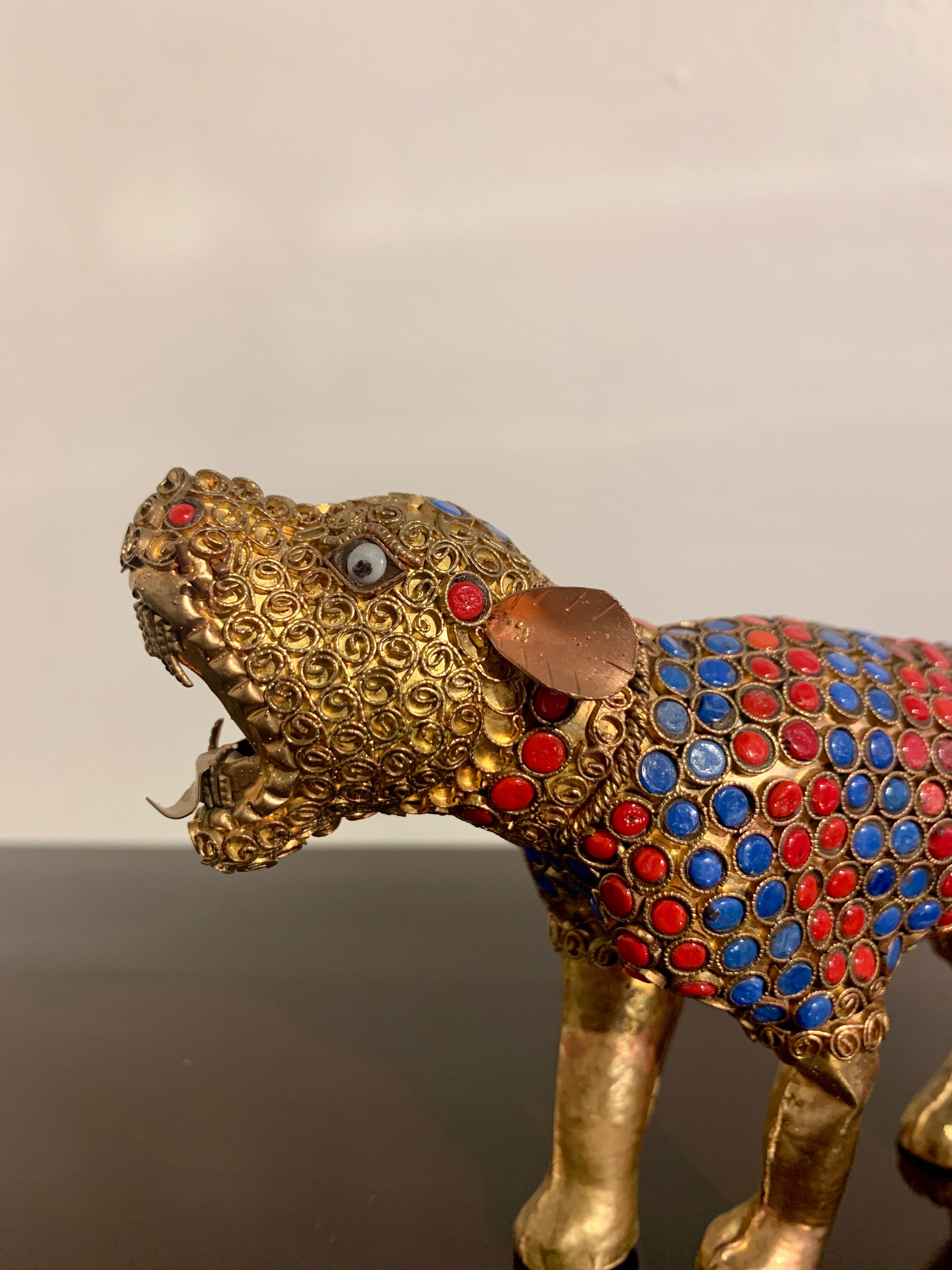 Pair Vintage Nepalese Brass and Glass Tigers, 1970's, Nepal 9