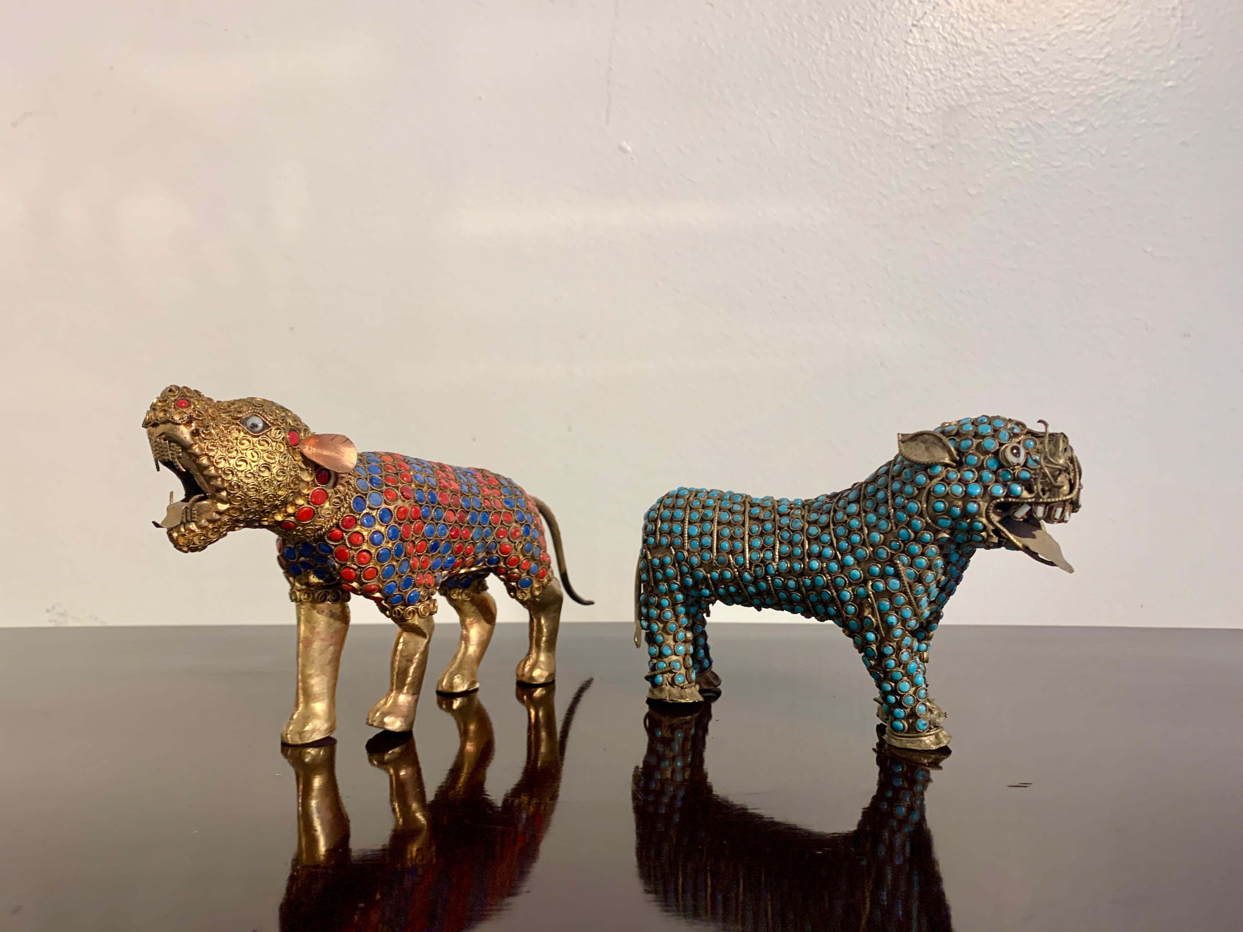 Inlay Pair Vintage Nepalese Brass and Glass Tigers, 1970's, Nepal