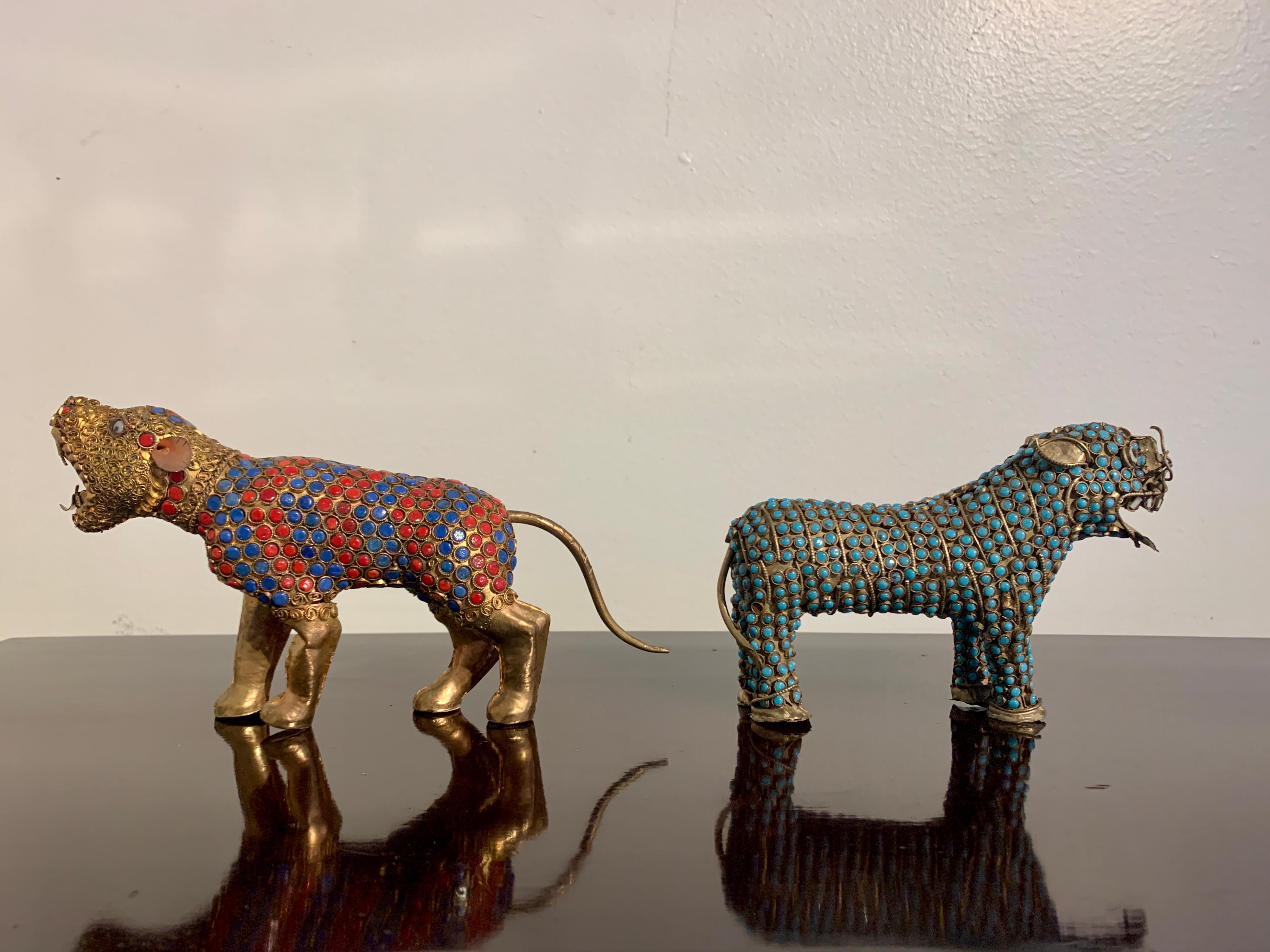 Pair Vintage Nepalese Brass and Glass Tigers, 1970's, Nepal In Good Condition In Austin, TX