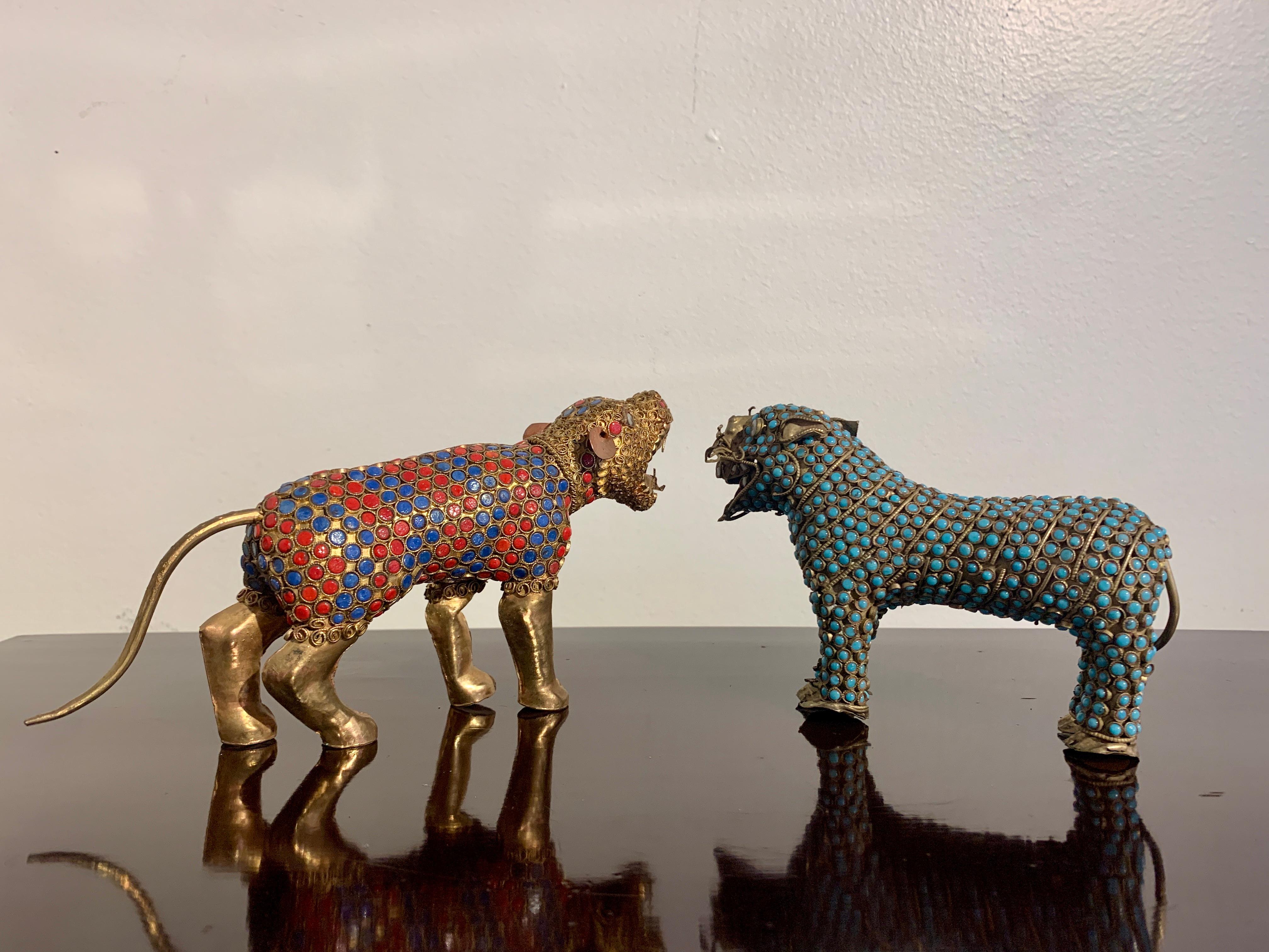 Pair Vintage Nepalese Brass and Glass Tigers, 1970's, Nepal 1